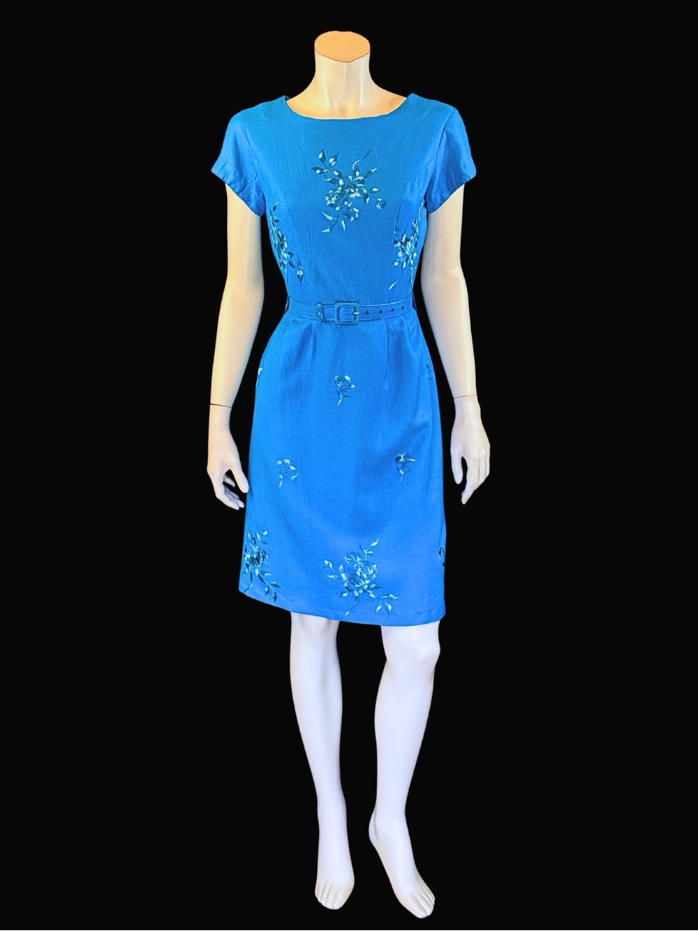 1960s PEACOCK Blue Floral Wiggle Dress | Belted Sheath Dress XS S